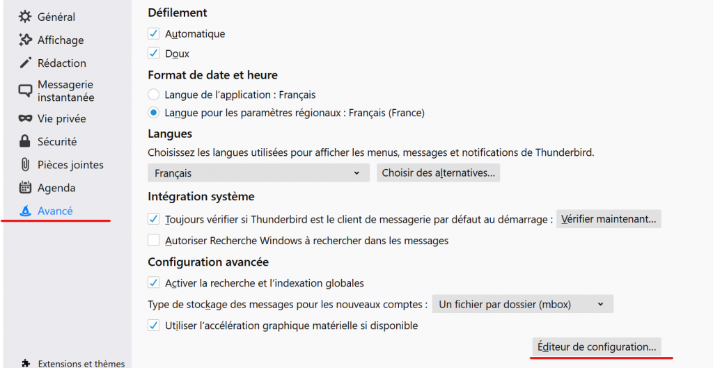 accès aux about:config de thunderbird